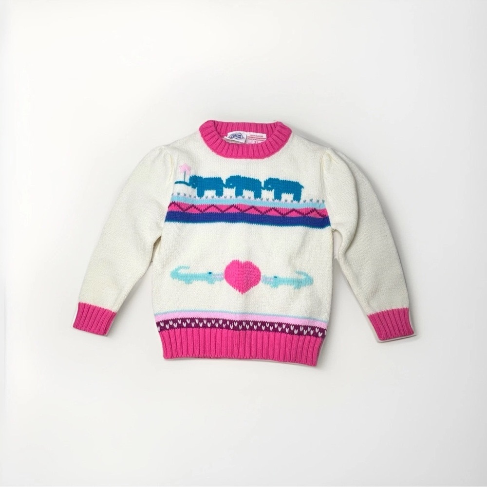 Vintage Kids' Pink and White Sweater with Elephant Design 3T